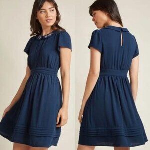 MODCLOTH Navy Blue Embroidered Collar Babydoll Dress Size Medium